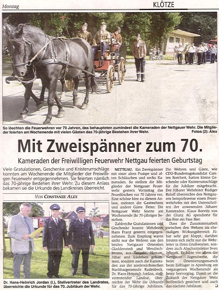 Kameraden der Freiwilligen Feuerwehr Nettgau feiern 70. Geburtstag
