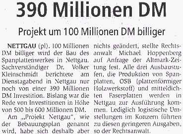 Nettgau, 100 Mio DM weniger; aber immer noch 390 Mio DM Investitionsvolumen für die Glunz AG. Artikel von Peter Lieske