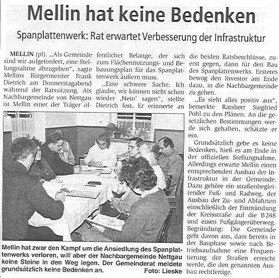 Mellin, keine Bedenken zur Ansiedelung des Spanplattenwerkes. Artikel von Peter Lieske
