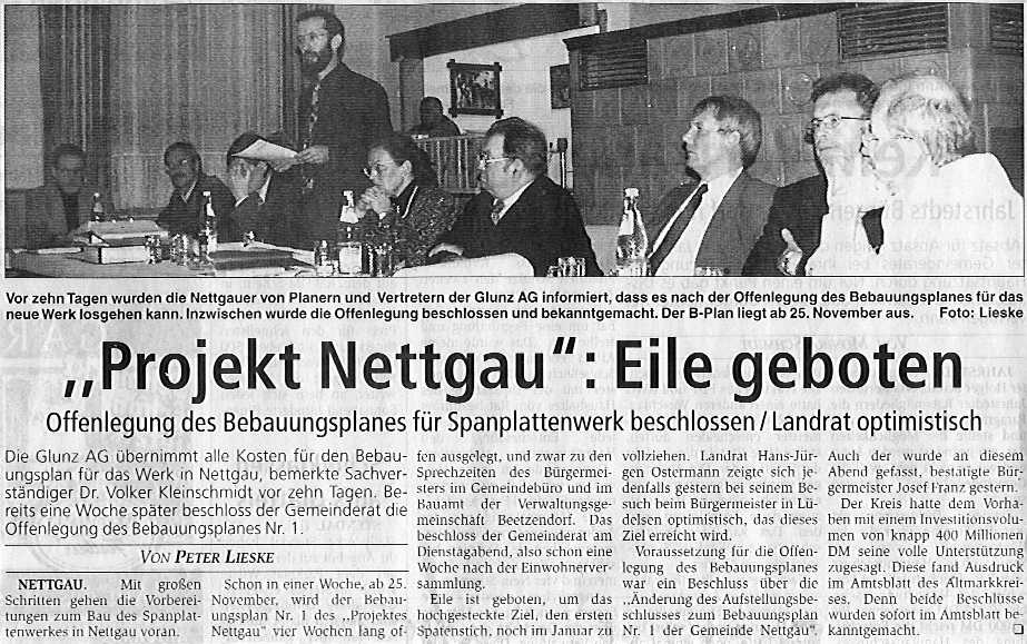 Nettgau, Offenlegung des Bebauungsplanes für Spanplattenwerk beschlossen. Artikel von Peter Lieske