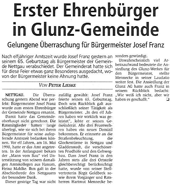 Nettgau, Josef Franz, erster Ehrenbürger in Glunz-Gemeinde