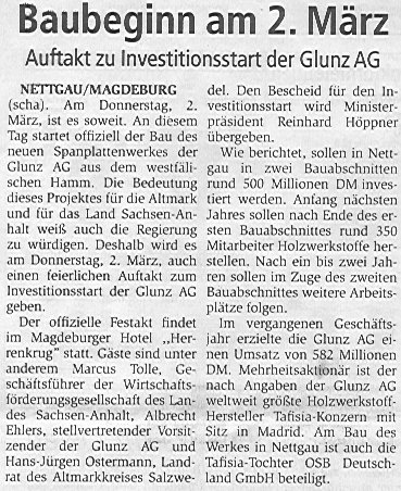 Nettgau/Magdeburg, festlicher Auftakt zu Investitionsstart der Glunz AG. Artikel von 'scha'.