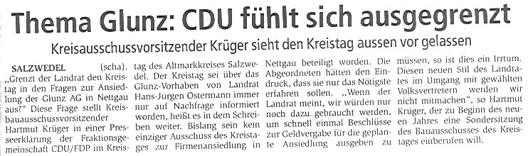 Salzwedel/Nettgau, Thema Glunz: CDU fühlt sich ausgegrenzt. Artikel von 'scha'