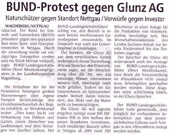Magdeburg/Nettgau, Naturschützer sind immer noch gegen den Glunz-Standort Nettgau. Artikel von dpa/sa
