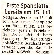 Nettgau, erste Spanplatte rollt am 15. Juli 2001 vom Band