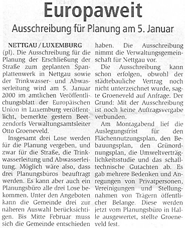 Nettgau/Luxemburg, europaweite Planungsausschreibung beginnt am 05.01.2000. Artikel von Peter Lieske