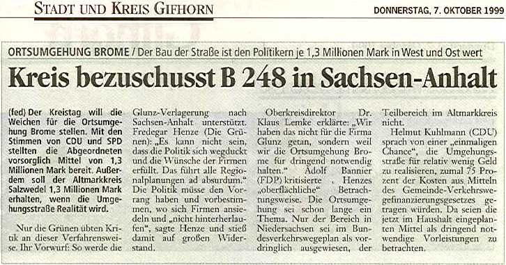 Ortsumgehung Brome. 1,3 Mio DM für die B248 in Sachsen-Anhalt. Artikel von Frank Reddel