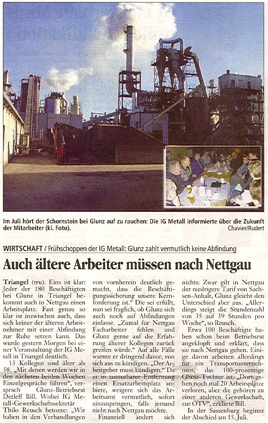 Triangel/Nettgau, Glunz: Auch ältere Arbeiter gehen nach Nettgau. Info der IG Metall. Artikel von Chavier/Rudert
