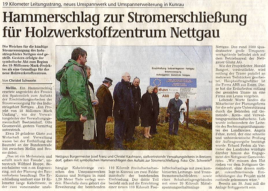 Mellin, 19 Kilometer Leitungsstrang und neues Umspannwerk für das Industriegebiet Nettgau