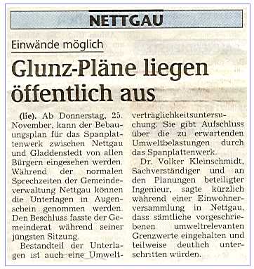 Nettgau, Glunz-Pläne für das zukünftige Spanplattenwerk liegen öffentlich aus. Artikel von 'lie'